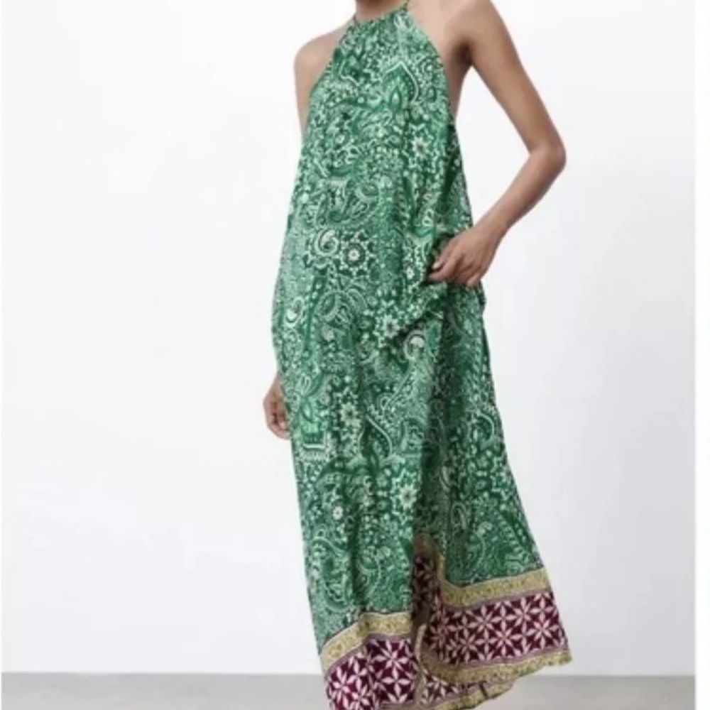 Zara Halter Dress Green with Purple Border Summer Dress